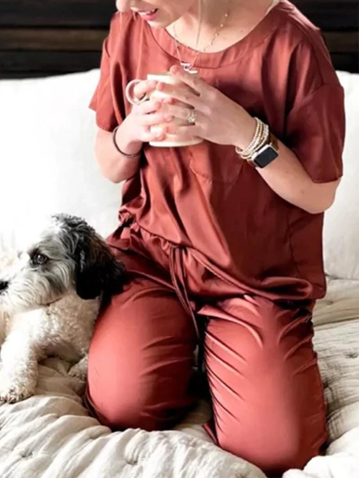 Womens Silk Satin Pajama Set Short Sleeve Shirt with Long Pajama Pant Set Two-Piece Pj Sets Soft Sleepwear Loungewear Nightwear Button-Down Pjs S-2XL, Light Purple, XL