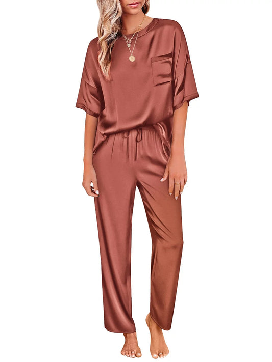 Womens Silk Satin Pajama Set Short Sleeve Shirt with Long Pajama Pant Set Two-Piece Pj Sets Soft Sleepwear Loungewear Nightwear Button-Down Pjs S-2XL, Light Purple, XL